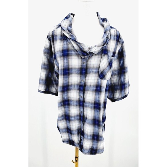 Soft Surroundings Plaid Button Down Shirt Tunic Cowl Neck Pockets Cotton P XL‎ - Picture 1 of 9